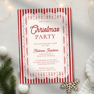 Invitación Encaje Vintage Rayas Rojas Navideñas Fiesta Retro