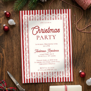 Invitación Encaje Vintage Rojo Rayas Navideñas Fiesta Retro