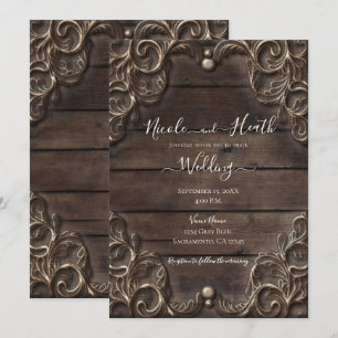 Invitación Encaje y madera oscura Boda occidental vintage rús