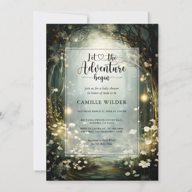 Invitación Encantada aventura forestal comienza Baby Shower (Anverso)