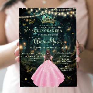Invitación Encantada Luz Forestal Vestido Rosa Dorado Quincea