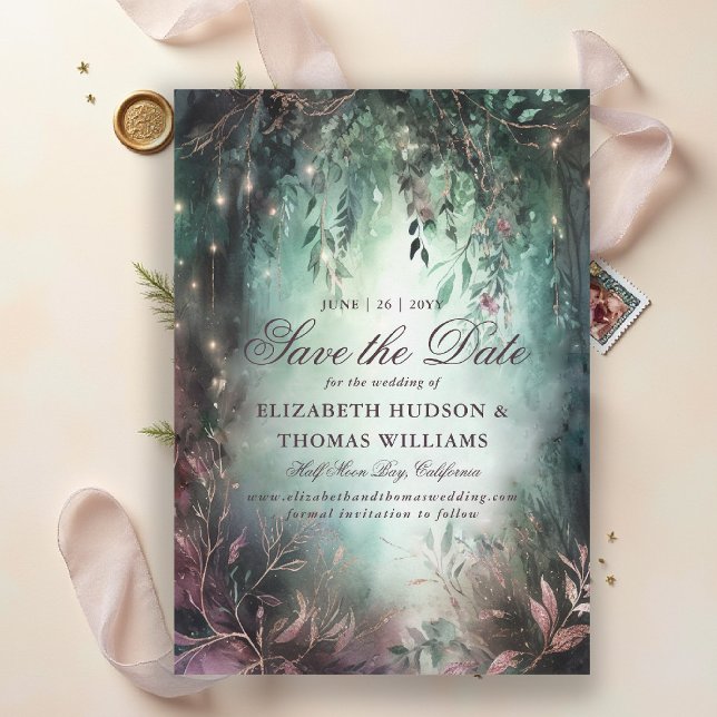 Invitación Encantada Mauve Forestal Vines Boda Salvar la Fech (enchanted forest save the date wedding emerald green gold pink fairytale fairy greenery woodland)