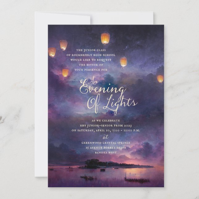 Invitación Encantada Noche Volando Farolitos Lago Playa Prom  (Anverso)