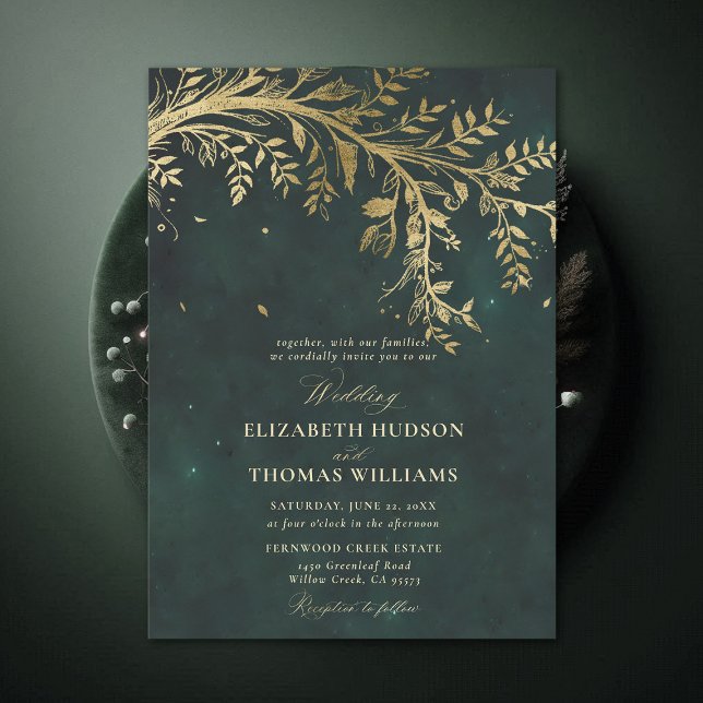 Invitación Encantada rama de oro forestal Boda verde esmerald (Enchanted Forest Emerald Green Greenery Branch Gold Modern Calligraphy Wedding Invitation)