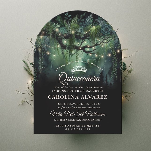 Invitación Encantado Arco Forestal Templo de Feria Verde Quin (enchanted forest quinceanera emerald green boho arch woodland fairy tale magic invitation)