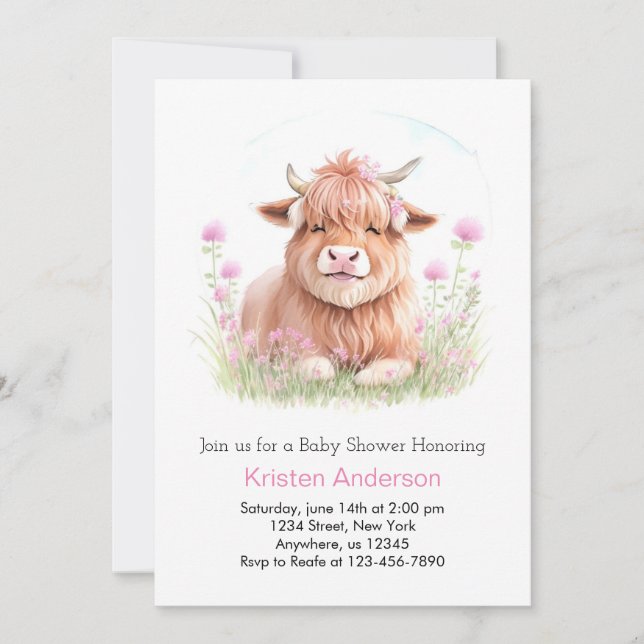 Invitación Encantado Baby Shower Chica Blissful Highland Cow (Anverso)