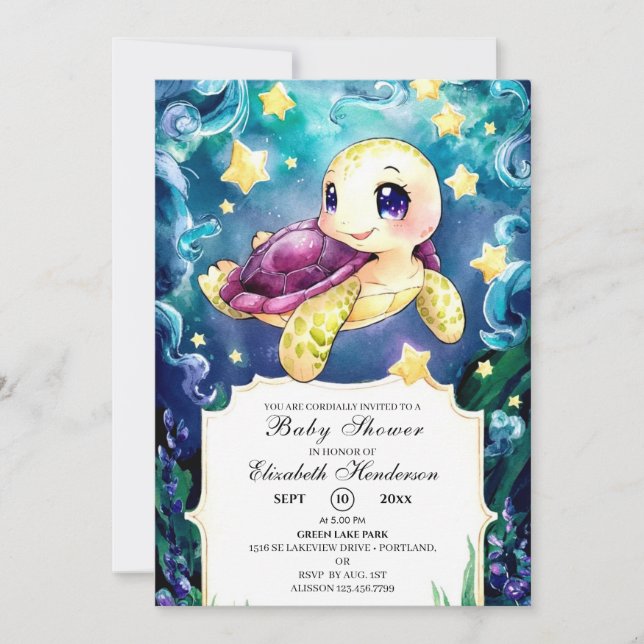 Invitación Encantado bajo el Baby Shower de la tortuga marina (Anverso)