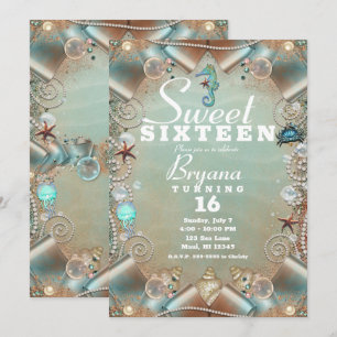 Invitación Encantado Bajo el Mar Perlas y Cinta Sweet 16