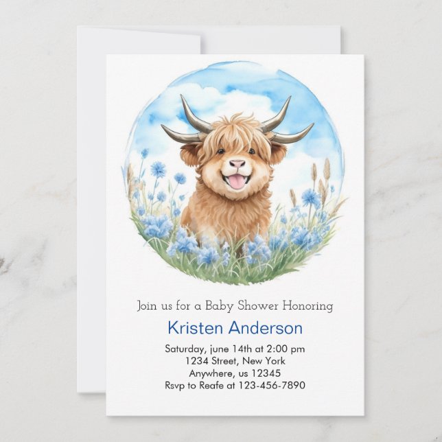 Invitación Encantado Blue Highland Cow Boy Baby Shower (Anverso)