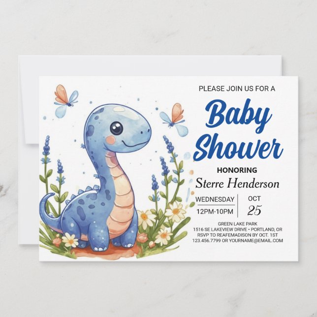 Invitación Encantado Blue Modern Dinosaur Boy Baby Shower (Anverso)