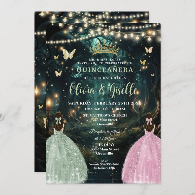 Invitación Encantado bosque Sage Green Gemelos Rosa Quinceañe (Anverso / Reverso)