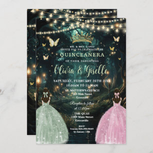 Invitación Encantado bosque Sage Green Gemelos Rosa Quinceañe