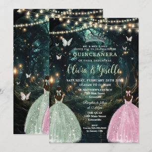 Invitación Encantado bosque Sage Green Gemelos Rosa Quinceañe