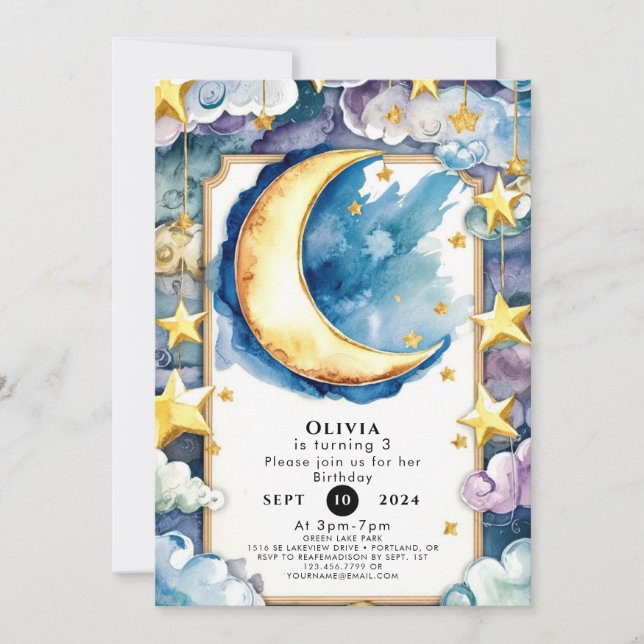 Invitación Encantado cumpleaños colorido de la luna (Anverso)