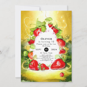 Invitación Encantado cumpleaños de fresa alegre y colorido
