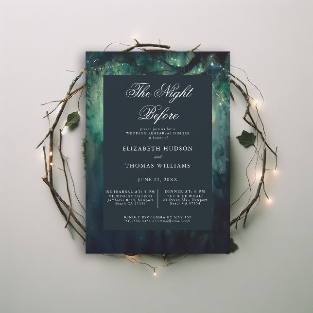 Invitación Encantado ensayo de la noche de esmeralda forestal (wedding rehearsal dinner invitation enchanted forest secret garden magic theme emerald night before)