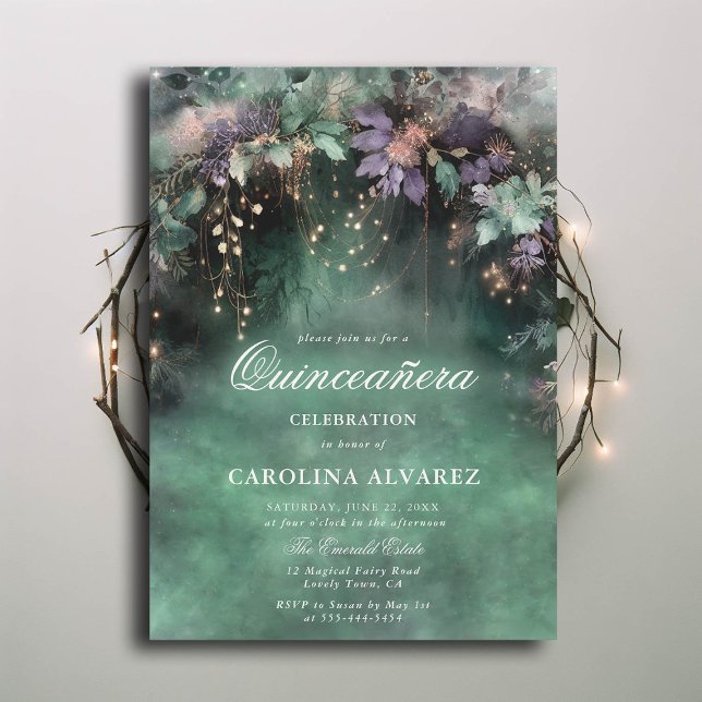 Invitación Encantado Fairy Forest Fairy Magic Lavender Qincea (enchanted forest theme quinceanera gold vines lavender pink emerald green elegant classy)