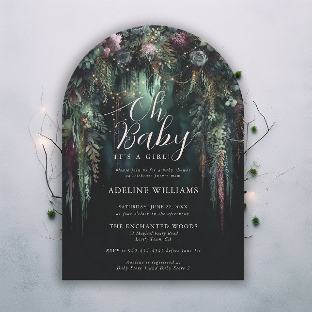 Invitación Encantado Forest Fairy Woodland Arch Baby Shower (enchanted forest baby shower emerald green mauve purple boho arch woodland fairy tale faerie invite)