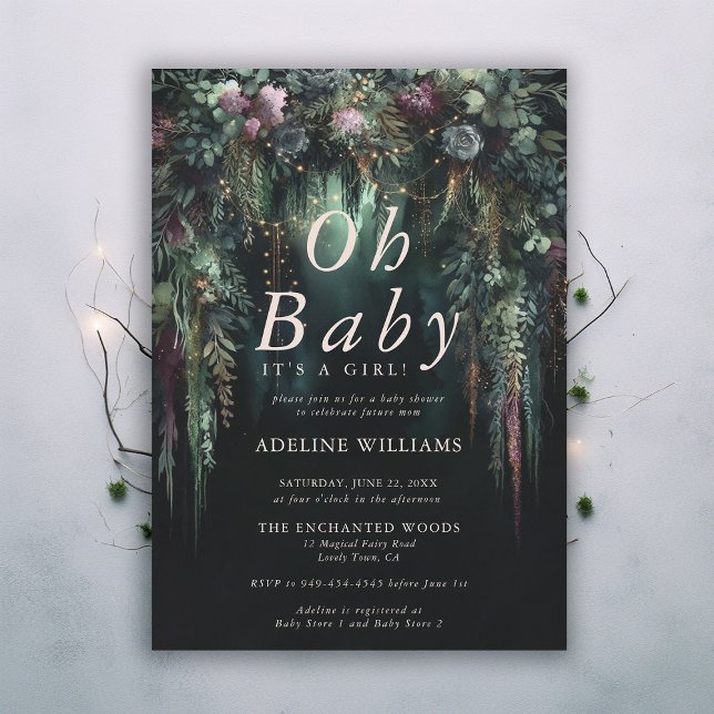 Invitación Encantado Forest Fairytale Woodland Baby Shower (enchanted forest baby shower emerald green mauve purple arch woodland fairy tale faerie magic invite)