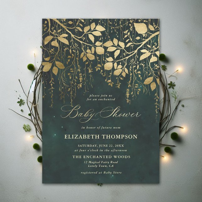 Invitación Encantado Forest Gold Greeneration Magic Baby Show (Enchanted Forest Emerald Green Draped Greenery Modern Calligraphy Neutral Baby Shower Invitation)