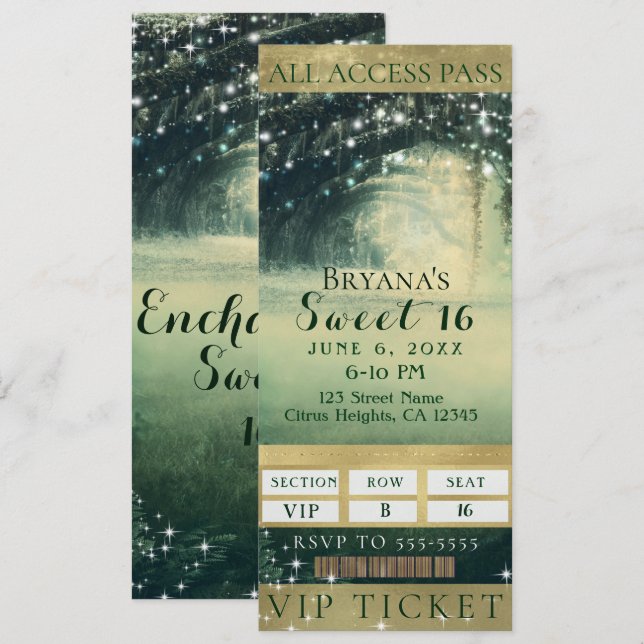 Invitación Encantado Forest Green Blue Lights Sweet 16 Ticket (Anverso / Reverso)