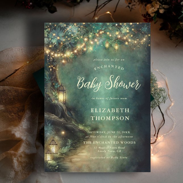 Invitación Encantado Forest Magic Lanterns Fairy Baby Shower (enchanted forest baby shower invitation woodland lanterns magical tree fairy tale storybook)