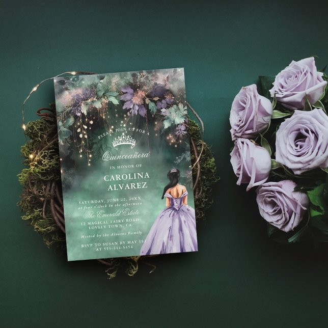 Invitación Encantado Forestal Faux Gold Lavender Quinceanera (quince invitation quinceanera emerald green lavender enchanted forest magical fairy tale)
