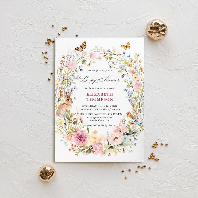Invitación Encantado Garden Bunny Bird Butterfly Baby Shower (enchanted garden baby shower invitation bunny rabbit bird butterflies watercolor woodland forest)