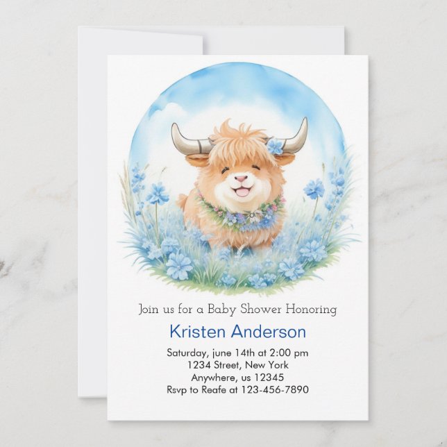Invitación Encantado Highland Cow Blissful Boy Baby Shower (Anverso)