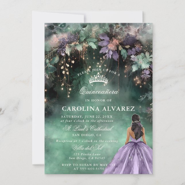 Invitación Encantado Lavanda Rosa Selva Elegante Quinceanera (Anverso)