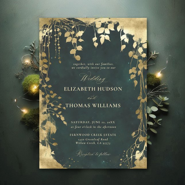 Invitación Encantado marco de follaje forestal Boda verde dor (Enchanted Forest Emerald Green Draped Greenery Frame Modern Calligraphy Wedding Invitation)