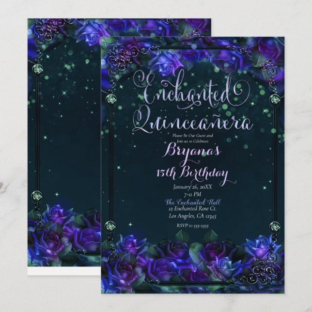 Invitación Encantado Resplandor de Jardín Morado Verde 15 Qui (Anverso / Reverso)