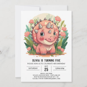 Invitación Encantado Triceratops Rosa Dinosaur Chica Cumpleañ