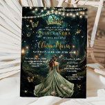 Invitación Encantado vestido verde de sabio forestal Quinceañ<br><div class="desc">Personaliza esta encantadora invitación de Quinceañera / Sweet 16 cumpleaños de manera fácil y rápida. Simplemente haga clic en el botón Editar usando herramientas de diseño para editar el texto, cambiar estilos de fuente y colores de fuente. Con un chica vestido con un vestido verde salado y un fondo forestal...</div>