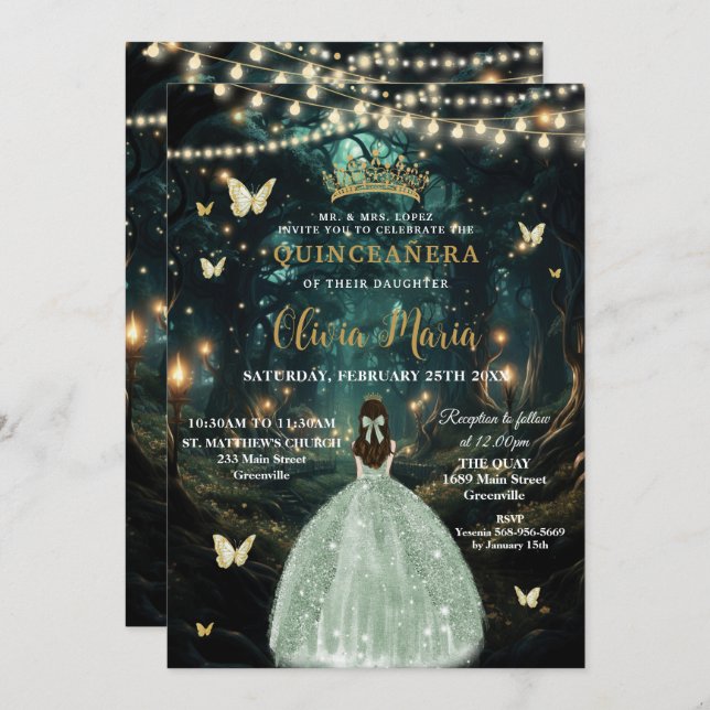 Invitación Encantado vestido verde de sabio forestal Quinceañ (Anverso / Reverso)