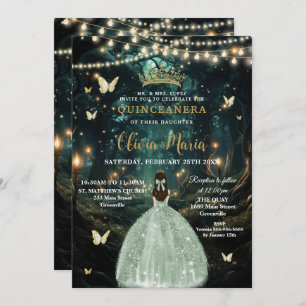 Invitación Encantado vestido verde de sabio forestal Quinceañ