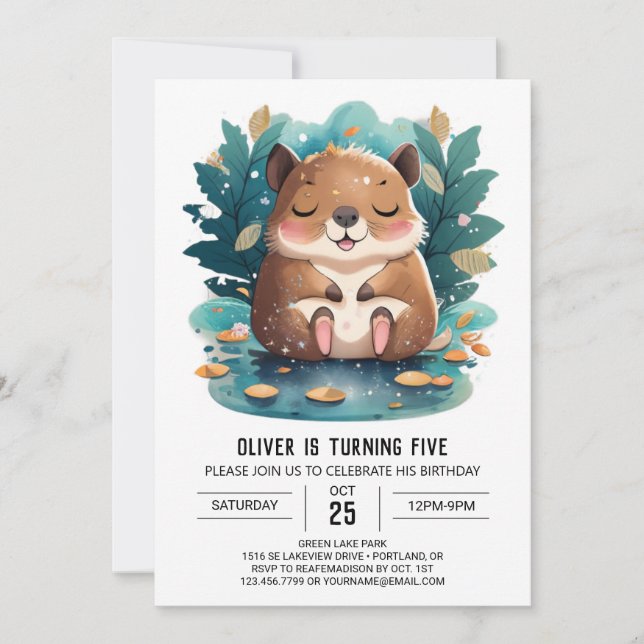 Invitación Encantador acuarela Capybara Cumpleaños (Anverso)
