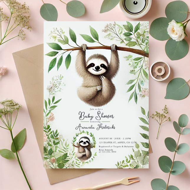 Invitación Encantador Baby Shower de eslogan colgante (Charming Hanging Sloth Baby Shower Invitation)