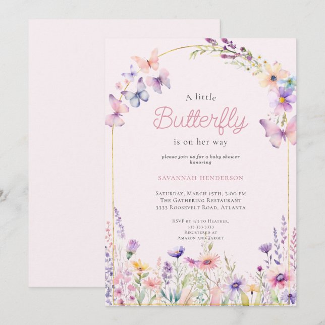 Invitación Encantador Baby Shower de mariposa floral rosa (Anverso / Reverso)