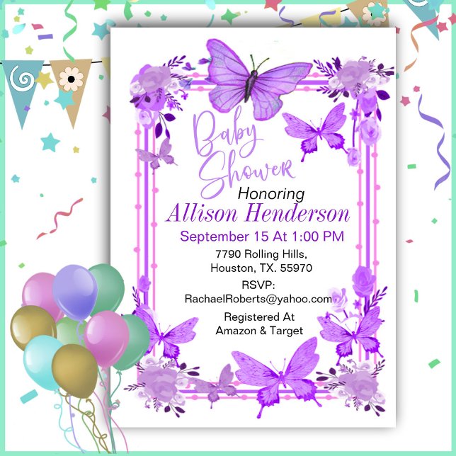 Invitación Encantador Baby Shower De Mariposa Morada Y Lavand (Subido por el creador)