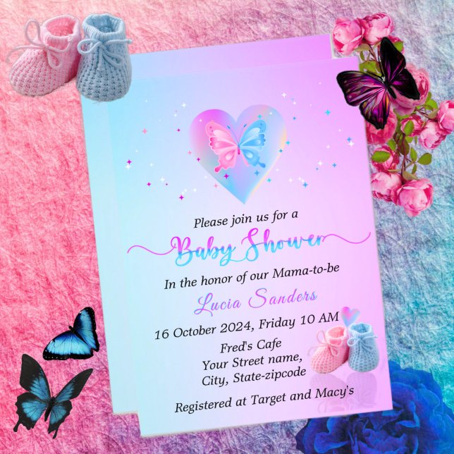 Invitación Encantador Baby Shower de mariposas azules y rosas (Subido por el creador)