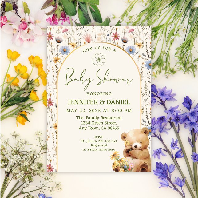 Invitación Encantador Baby Shower de oso de arco floral beige (Subido por el creador)