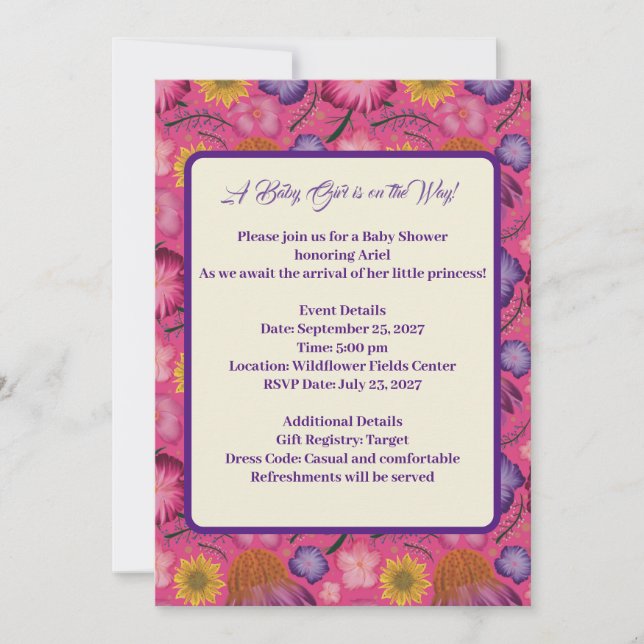 Invitación Encantador Baby Shower rosado de Flor Silvestre (Anverso)