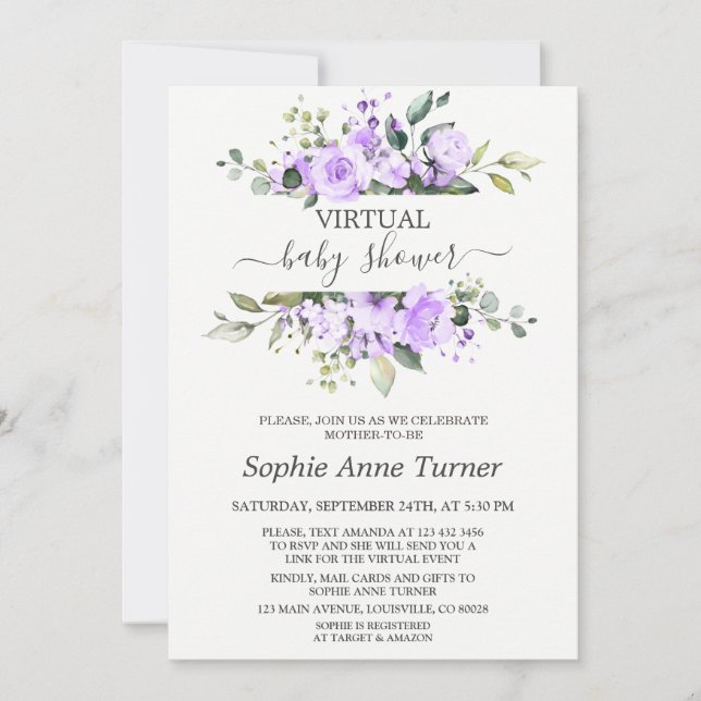 Invitación Encantador Baby Shower virtual de flores de lavand (Anverso)