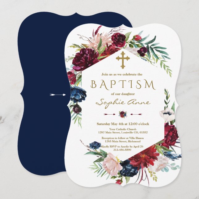 Invitación Encantador bautismo Chica floral azul borgoñés (Anverso / Reverso)