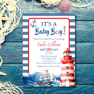 Invitación Encantador Bebé Niño Náutico Rojo Azul Rayado Ahoy