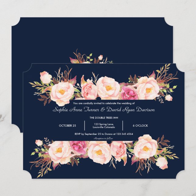 Invitación Encantador Boda azul de la armada de marcos floral (Anverso / Reverso)