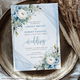Invitación Encantador Boda de Flores de Plata Blanca Azul Pol