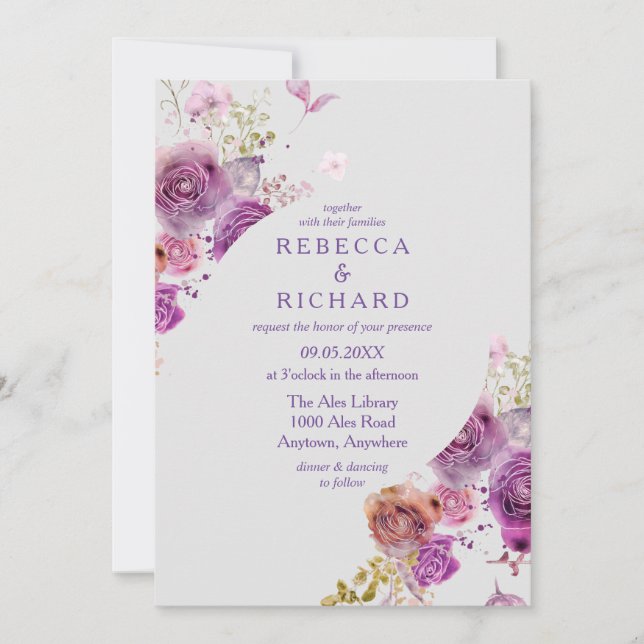 Invitación Encantador Boda de la elegancia floral púrpura (Anverso)