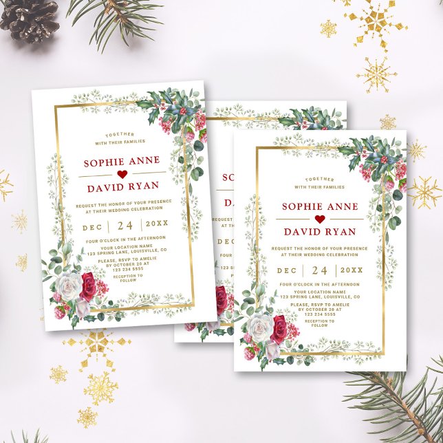 Invitación Encantador Boda de Navidades de oro blanco rojo fl (winter red white flowers wedding invite, christmas arrangement wedding invitation)